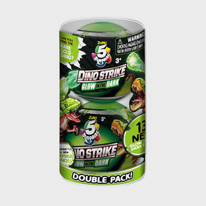 Package contains Dino Strike toys glowing, featuring colorful dinosaurs, with text promoting a double pack and 13 new glow-in-the-dark dinos.