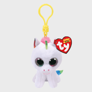 A plush unicorn keychain with shiny eyes hangs from a yellow clip; a red heart-shaped tag reads 