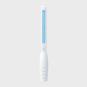 White handheld UV lamp emits blue light, displayed on a plain background. The text 