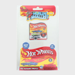 Miniature toy car encased in packaging, marketed as 