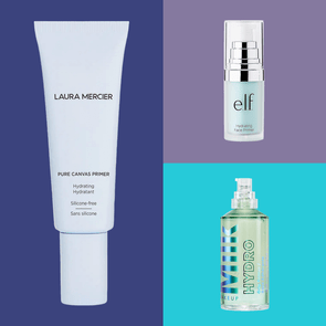 Three hydrating face primers are displayed with colorful backgrounds: a white tube, a small pump bottle, and a larger pump bottle.