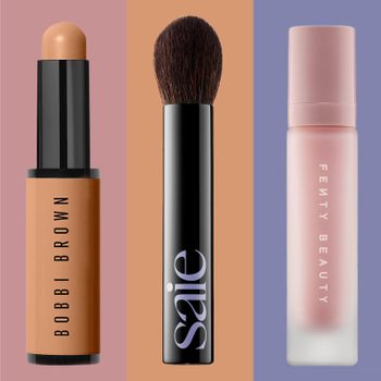 Three beauty products showcased vertically against colored backgrounds: Bobbi Brown stick, Saie brush, and Fenty Beauty bottle.