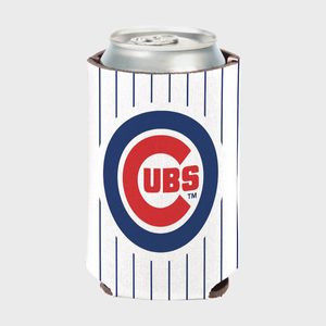 A soda can sits in a white koozie with blue pinstripes and a â€œCUBSâ€ logo, against a plain gray background.