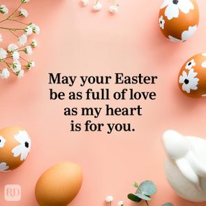 Decorated eggs and flowers surround text reading 