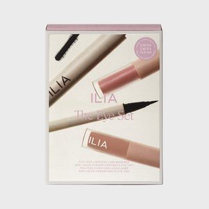 Cosmetic set displayed, featuring mascara, liquid liner, and eye tints; packaged with 