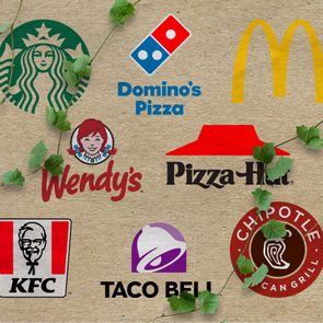 Logos are displayed on a textured background, featuring various fast-food brands like Starbucks, McDonald's, Wendy's, and Taco Bell, with green leaves scattered.