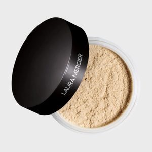 Container of beige loose powder, its black lid partially open, labeled 