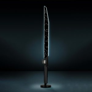 A glowing, futuristic sword stands upright, emanating a bright outline against a dark, minimalistic background.