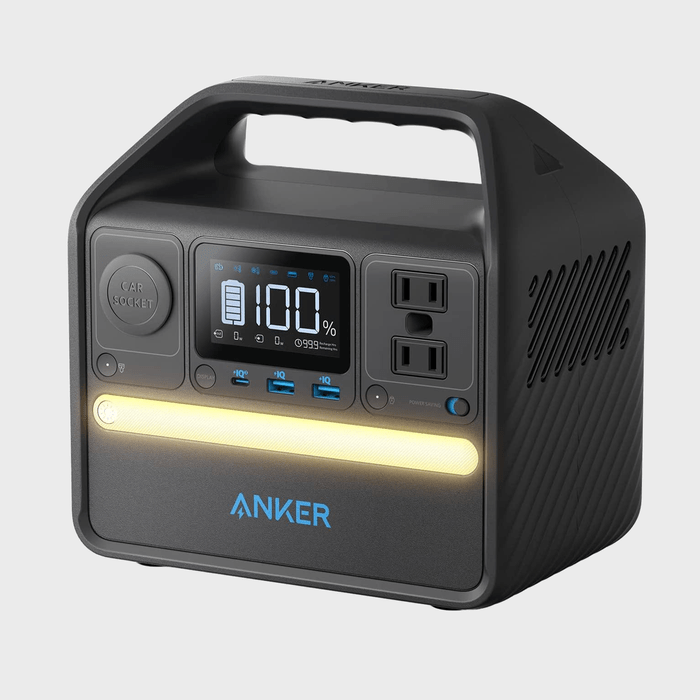 Portable power station displays 100% charge on screen; surrounded by AC outlets, USB ports, and a car socket; labeled 