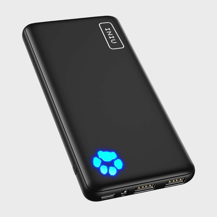 Black power bank displaying blue LED paw print, featuring dual USB ports, and logo 