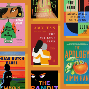 Seven colorful book covers are arranged on an orange background, each displaying distinct titles and illustrations, including 
