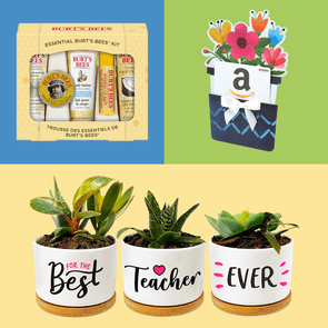 Gift sets including Burt's Bees kit, Amazon card in floral holder, and three plant pots labeled 