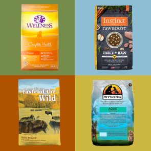 Four bags of dog food are displayed against colorful backgrounds. Each bag shows brand names: Wellness, Instinct, Taste of the Wild, and Wysong.
