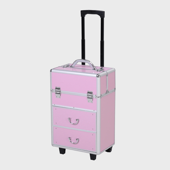 Wheeled pink cosmetic case, featuring a telescopic handle and two drawers, stands upright against a plain gray background.