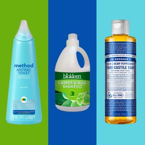 Three cleaning products, displayed vertically against green, blue, and teal backgrounds: Method toilet cleaner, Biokleen shampoo, Dr. Bronner's Castile soap.