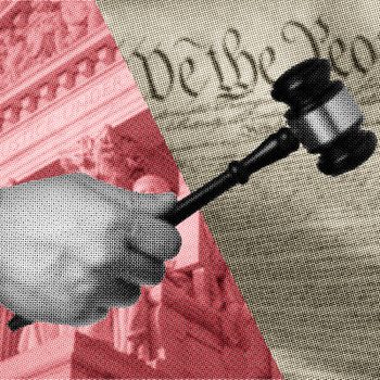 A hand holds a gavel against a backdrop featuring the phrase "We the People" and a red-tinted architectural structure.