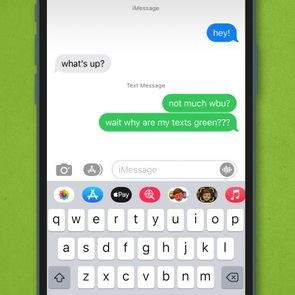 iPhone screen displays text conversation; sender's texts are green, asking about color change, with keyboard below on a green background.