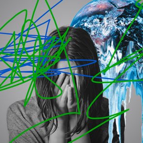 A person covers their face, overlapping abstract blue and green scribbles, with a melting Earth in the background.
