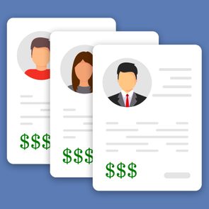 Profiles overlap, each with cartoon avatars and dollar signs below, suggesting salary or value in a digital context against a solid blue background.