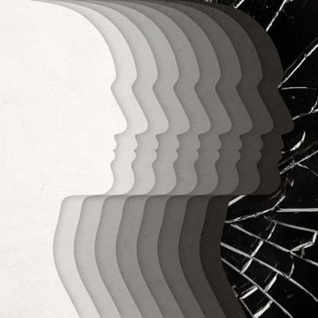 Layered paper silhouettes shift from light to dark over shattered black background.