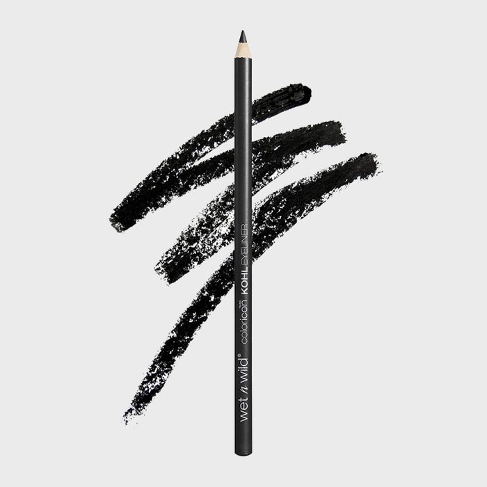 A black kohl eyeliner pencil marks bold strokes on a light background. Text reads â€œWet n Wild Coloricon KOHL EYELINER.â€