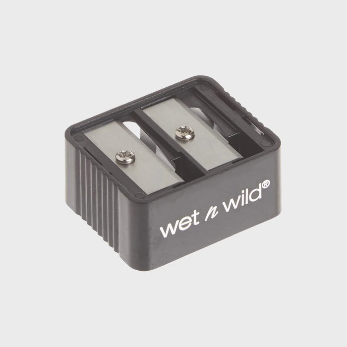 Dual pencil sharpener resting still; labeled 