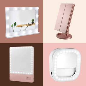 Four illuminated vanity mirrors displayed against colored backgrounds; upper-left has bulbs, upper-right is folded, lower-left rectangular, lower-right is compact and circular.