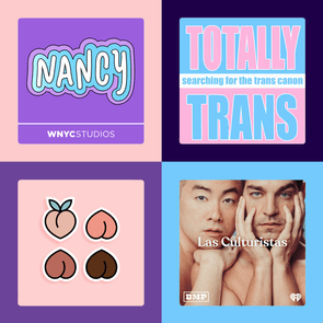 Album covers with colorful designs; 