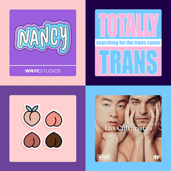 Album covers with colorful designs; "NANCY" in blue on purple, "TOTALLY TRANS" in pink/blue, peach and heart graphics, "Las Culturistas" with two faces.