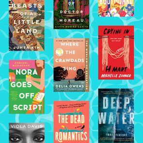 Nine book covers arranged against a blue background, featuring titles and authors: 