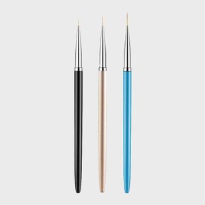 Three fine-tipped brushes stand vertically; handles are black, silver, and blue against a plain light gray background.
