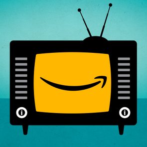 A retro TV displays a yellow screen with a curved arrow. Background is a two-toned blue wall.