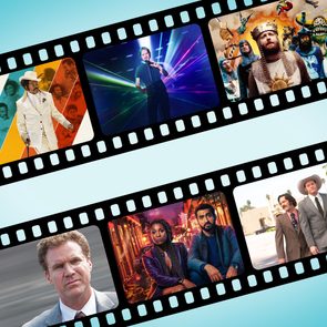 Film strip displays diverse movie scenes; actors perform comedic and dramatic roles. Bright, colorful visuals create a playful cinema theme against a blue background.