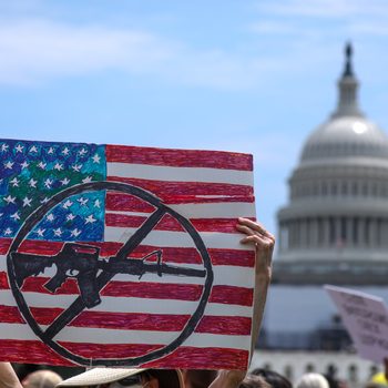 Sign displays crossed-out gun on an American flag background, held up by protester. The U.S. Capitol building is visible in the background.