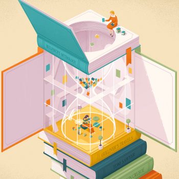 Books stack as open hourglass. Tiny person atop reads, another inside hourglass with books. Titles: "Bulfinch's Mythology," "Gulliver's Travels," "Tom Sawyer."