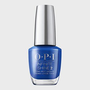 A bottle displays blue nail polish, labeled 