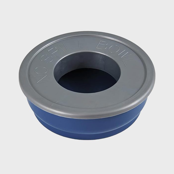 Gray and blue bowl displaying 