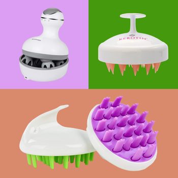 Three scalp massagers displayed, one electric with rotating knobs, one manual with firm bristles, and another with flexible spikes; colorful backgrounds. Text: "KEROTIN."