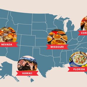 Map displays U.S. states with circular images of iconic foods representing Nevada, Missouri, Hawaii, Connecticut, and Florida, labeled with red banners.