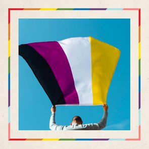 Person holds a yellow, white, purple, and black flag against a clear blue sky.