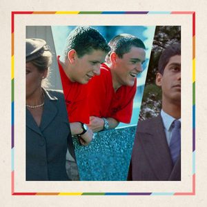Three people in different scenes, arranged in vertical strips. A woman in a hat, two men in red shirts laughing, and a suited man.