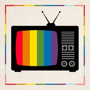 Black TV displays rainbow stripes with antennas; set against a white background with a rainbow-bordered frame.