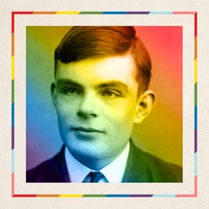 Portrait of a man, face colored in rainbow hues, framed by a white border with multicolored edges.