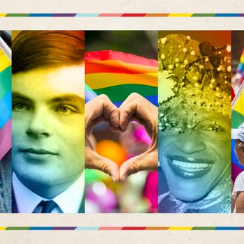 Five panels feature rainbow flags, people with rainbow filters, and a heart made from hands, symbolizing LGBTQ+ pride and diversity.