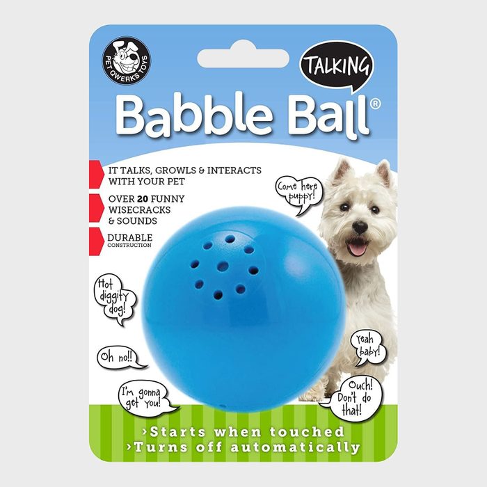 Blue ball talks, interacts with pets; features over 20 sounds. Packaged with dog image and speech bubbles. Text highlights durability and automatic function.