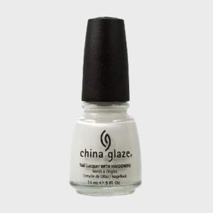 Nail polish bottle stands upright, displaying a white color with black cap; label reads 