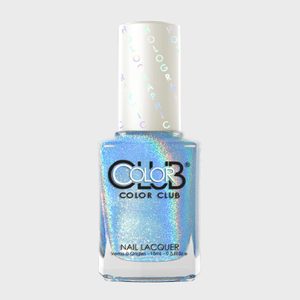 Holographic blue nail polish in clear bottle with 
