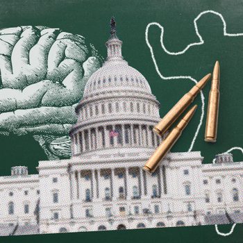 Bullets rest against a chalk outline, brain, and dome, forming a collage on a textured green background, symbolizing complex themes.