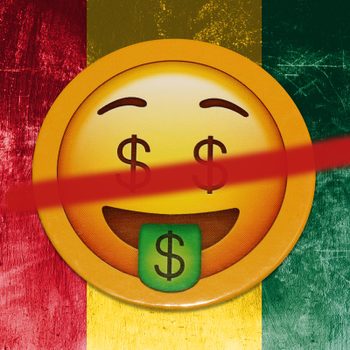 Smiley face with dollar eyes licks a green dollar tongue, overlaid with a red line, against red, yellow, and green background.