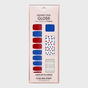 Nail strips arranged in package with red, blue, star patterns. Text reads 
